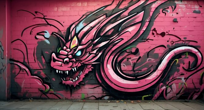 Abstract pink theme of a dragon spray painted vandalized concept graffiti tag art background from Generative AI