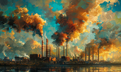 A surreal industrial landscape where factories emit vibrant, unnatural smoke into a serene blue sky, symbolizing pollution,generative ai