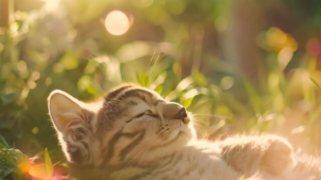 cat relaxing on the grass. 4k video animation