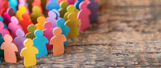 Conceptual image of multicolored figurines in a row symbolizing diversity and social or corporate unity - AI generated