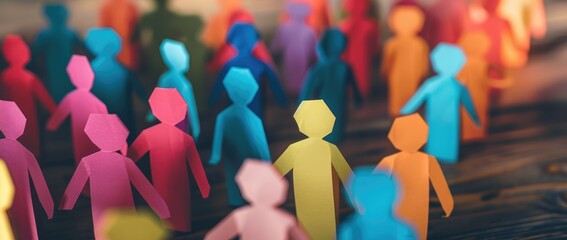 Conceptual image of multicolored figurines in a row symbolizing diversity and social or corporate unity - AI generated