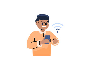 Illustration of a man who is upset because his wifi signal is weak. angry because the internet is slow. network problems or no connection. the facial expression of people. Flat or cartoon style