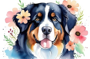 A thoroughbred, beautiful, smiling tricolor, black Bernese Mountain Dog with flowers. A large head. Postcard, illustration. Mother's Day, March 8, birthday, congratulations on the holiday. 