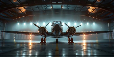 Vintage aircraft showcased in a hangar with dramatic lighting and reflections