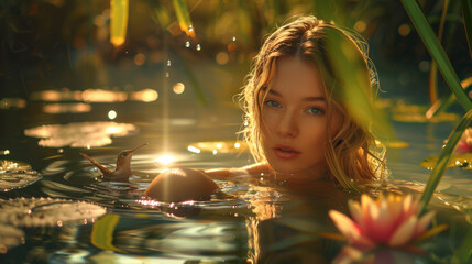 Naklejka premium A beautiful exotic blonde hair caucasian american girl emerging from pound water with plants and beautiful light showing the details of the beauty face in this luxuriant environment