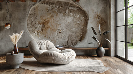 Beige snuggle chair creating a focal point of a modern style living room , stucco wall adds texture and visual interest to the space, the room fostering a relaxed yet fresh and modern atmosphere