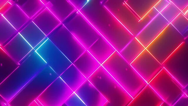 Neon line shapes animation of glowing horizontal lines streaming across the screen. Deep blues and vibrant purples make this a great seamless loop abstract background. Glowing pink and purple neon 