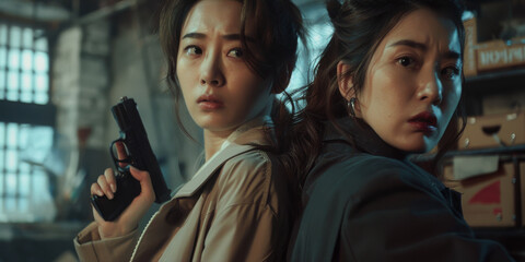 Two asian policewomen detective arriving on a crime scene in flagrante delicto are pointing gun towards criminals - obrazy, fototapety, plakaty