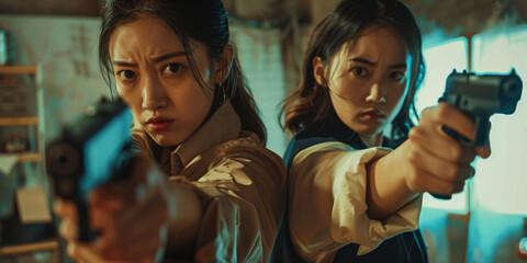 Fototapeta na wymiar Two asian policewomen detective arriving on a crime scene in flagrante delicto are pointing gun towards criminals