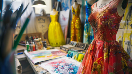 A fashion designer's workplace with elegant dresses on mannequins, sketches, and fabric samples, illustrating a creative environment
