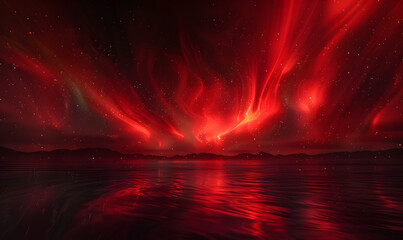 A red and black abstract polar aurora, dancing in the night sky, Generative AI