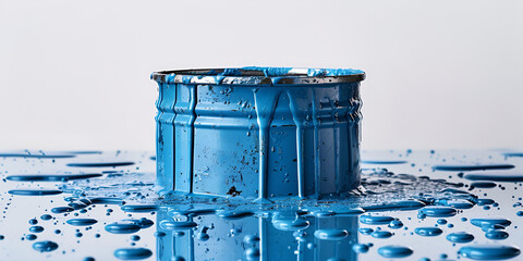 Top view of bucket with blue paint, Spilled paint can isolated on white background, 
 - obrazy, fototapety, plakaty