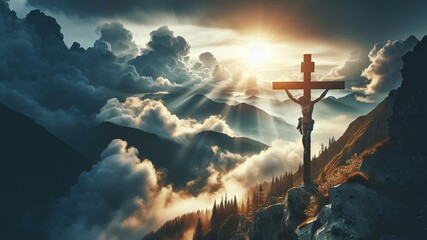 A powerful image portraying a crucifix atop a mountain, bathed in sunlight breaking through the...