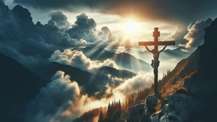 Foto op Plexiglas A powerful image portraying a crucifix atop a mountain, bathed in sunlight breaking through the clouds, offering inspiration and reverence in Christian faith © YIM11