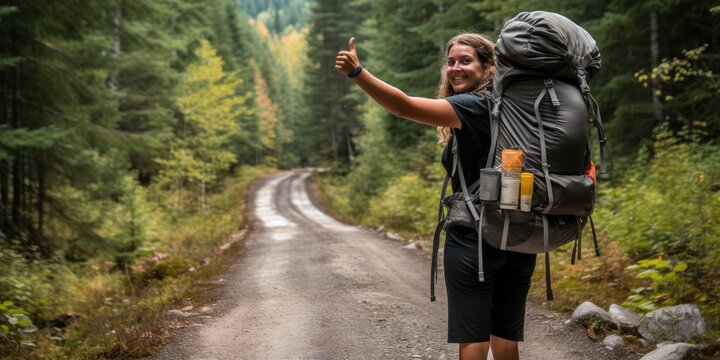 In the heart of the jungle, a jubilant woman hiker extends her arms in celebration of the natural wonders surrounding her.