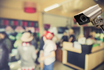 Image of CCTV security camera on blurred coffee shop background.