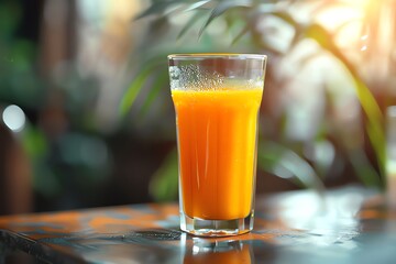Glass of papaya juice on table in cafe, closeup.
