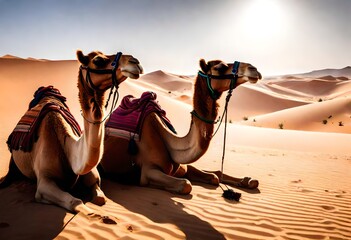 camels in the desert - obrazy, fototapety, plakaty