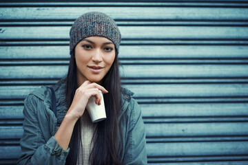 Woman, fashion and coffee with portrait, urban and city street or background for style. Asian...