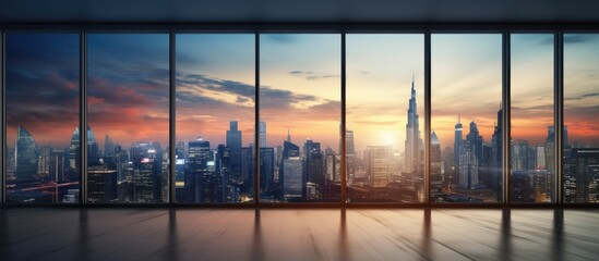Fototapeta premium City skyline buildings visible from tall building window. Luxurious real estate view from empty room. Wall mockup with skyscrapers in cityscape at sunset.