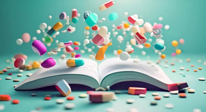 3D animation of an open book floating slightly above the ground, with various medical tools floating out from the pages, creating the