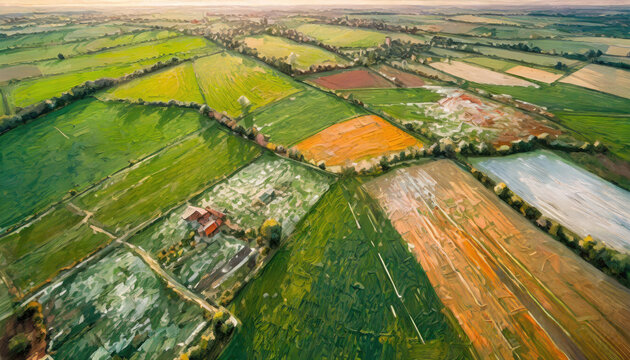 An energetic portrayal of rural landscapes and agricultural expanses seen from a bird's-eye perspective, interpreted with acrylic paints in a style characterized by lively splashes of color and bold, 