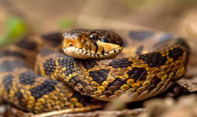 Obraz premium A snake is coiled up on the ground, Generative AI