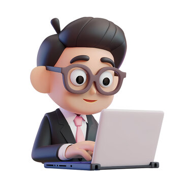 laptop, computer, business, businessman, office, 3d, cartoon, internet