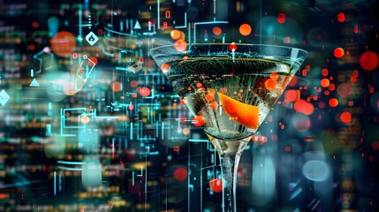 Futuristic Cocktail Glass with Digital Data, Perfect for Modern Lifestyle Concepts