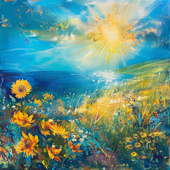 Obraz na płótnie Canvas Sunflower Field and Beautiful Sky Painting Generative AI
