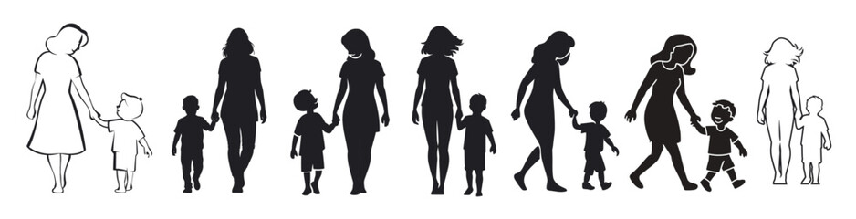 Silhouette set of mom walking with son, Generative Ai