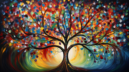 Multicolor Tree Of Life Oil Painting Background ..
