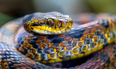 Fototapeta premium A snake is coiled up on the ground, Generative AI