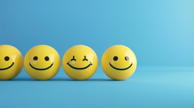 Row of smiling emoticon balls on blue background, concept of happiness and positive customer feedback - AI generated