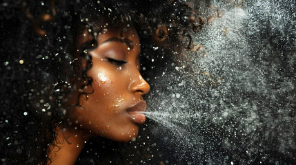 Woman spraying facial mist on her face, summertime skincare concept
