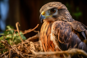 Portrait of a bird of prey in a nest