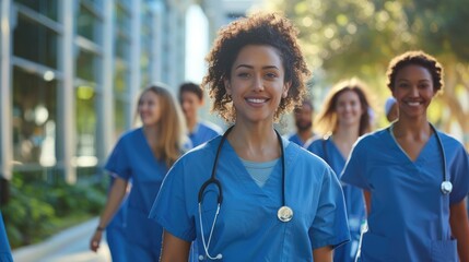 A diverse group of smiling female student nurses wearing blue scrubs walks together outside a...
