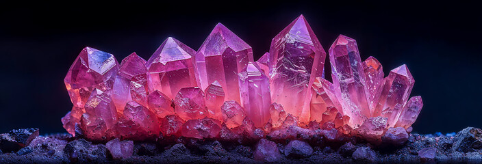 cristaux de quartz rose - format bannière web panoramique - obrazy, fototapety, plakaty