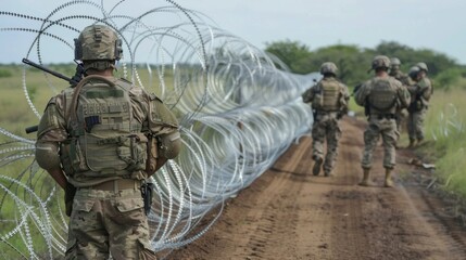 Illegal immigrants, Emigration Crisis - Military and border guards with weapons stand along the border with barbed wire, guarding the border