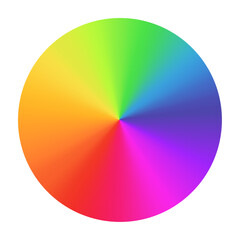 Radial rainbow gradient circular swirl, color spectrum in a vibrant wheel, RGB gradation. Flat vector illustration isolated on white background.