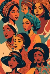 VINTAGE COLORED panting collage art of flat vector silhouettes  of diverse and ethnic women. Black, african, african america. national womens day.  