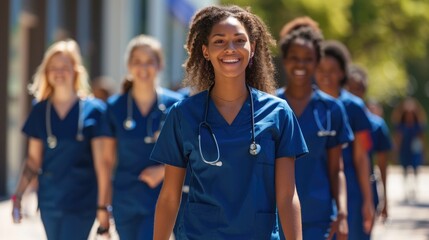 A diverse group of smiling female student nurses wearing blue scrubs walks together outside a medical school on a university hospital campus.