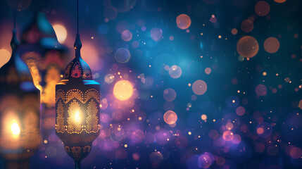 Ramadan lanterns glow against a sparkling background