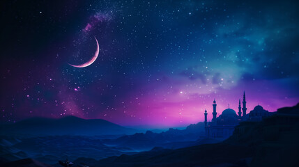 Naklejka premium A mosque stands tall against a starry Ramadan night sky