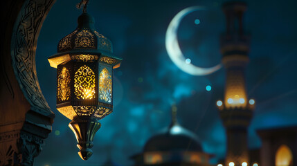 Fototapeta na wymiar A Ramadan lantern shines in front of a mosque at night.