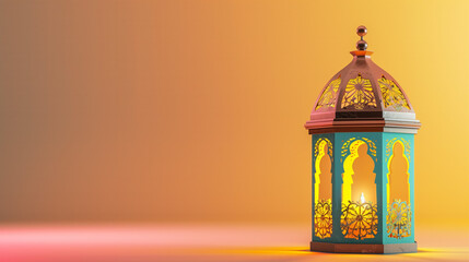 Obraz premium A lit Ramadan lantern casts a warm glow against a clear yellow and pink background.