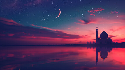A silhouette of a mosque is reflected on a calm ocean under a stunning sunset sky