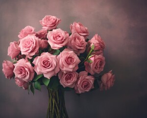Beautiful bouquet of pink roses, flowers on a dark background, soft and romantic vintage filter,...