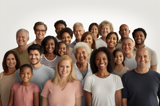 A large group of happy people from different ethnic groups and different generations of people	
