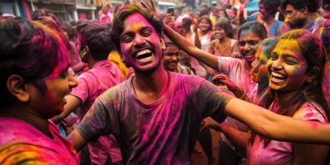 Fotobehang Amidst jubilant shouts and bursts of color, the Holi celebration ignites hearts with happiness and unity. © jambulart